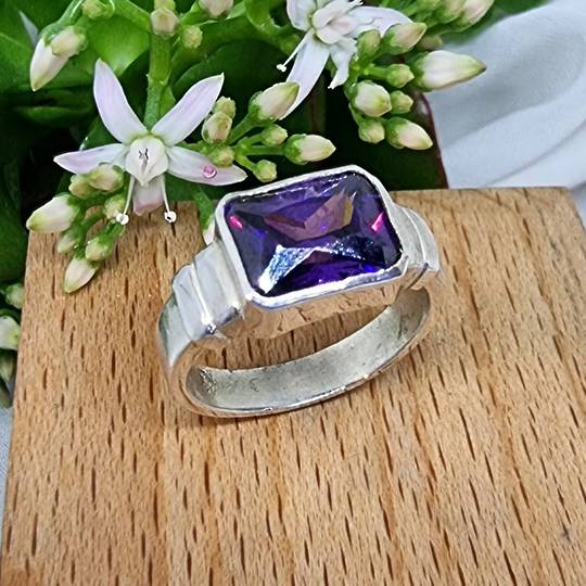 Silver ring with rectangle deep purple stone, made in NZ - Size N