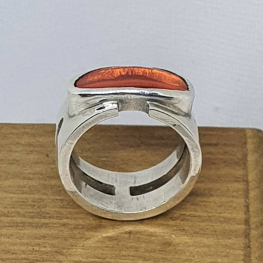 Wide band silver ring with orange stone - Size N