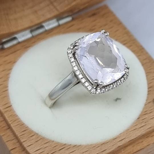 Romantic cushion cut rose quartz and cz silver ring