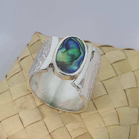 Wide hammered silver ring with NZ paua shell