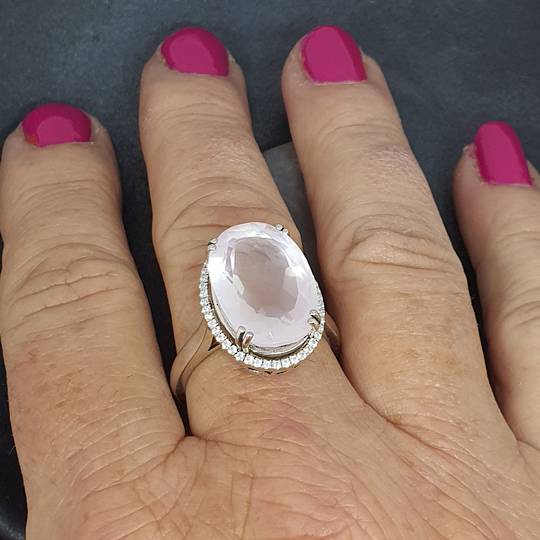 Large oval rose quartz silver ring