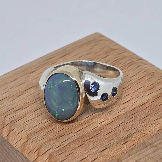 Sterling silver opal and sapphire ring