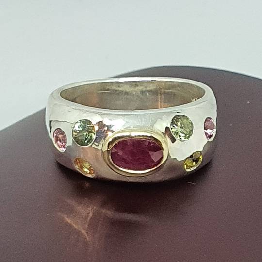 Made in NZ, silver ring with ruby and natural gemstones