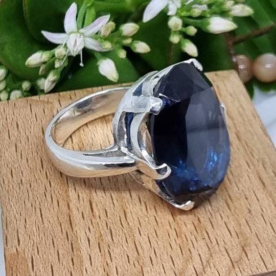 Super chunky, claw set, silver synthetic blue spinel ring