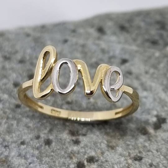9ct yellow and white gold love script ring