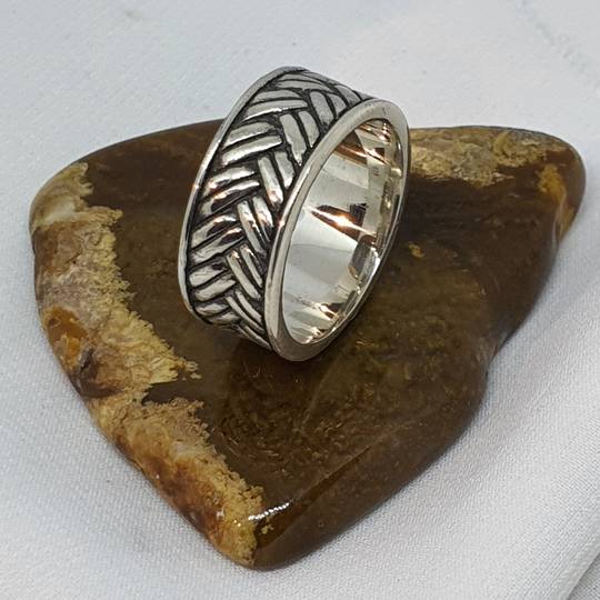 Sterling silver wide band ring with basket weave pattern