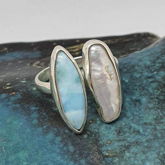 Sterling silver larimar and pearl ring