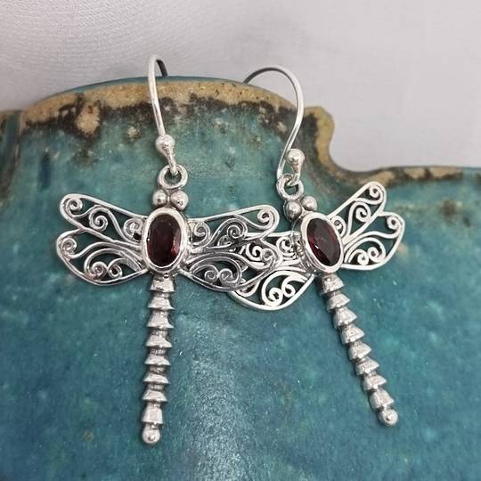 Silver garnet dragonfly earrings