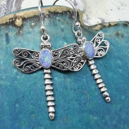 Silver opal dragonfly earrings