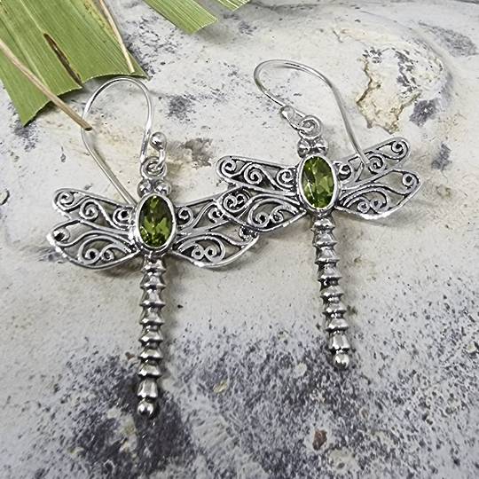 Silver peridot dragonfly earrings