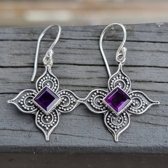 Silver star flower amethyst earrings