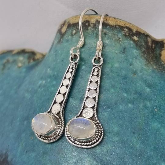 Long drop silver moonstone earrings