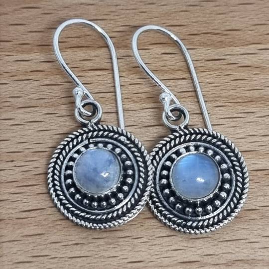 Round decorated silver moonstone earrings