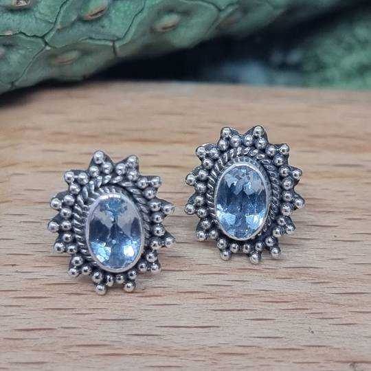 Sterling silver blue topaz gemstone stud earrings