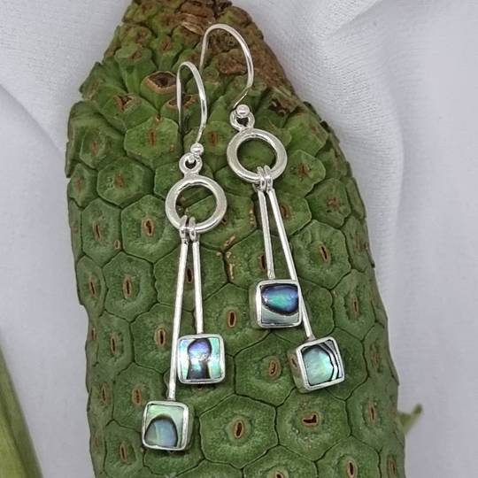 Sterling silver long paua shell hook earrings