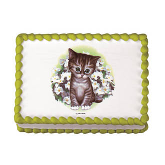 Kitten with Flowers Edible Icing Image round 16cm