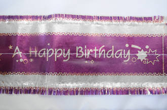 Happy Birthday Frill 7m x 76mm wide Silver on Purple