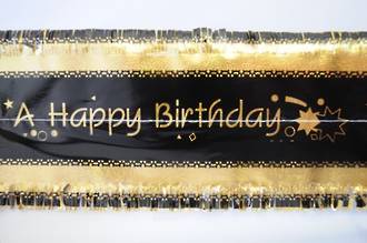 Happy Birthday Band 7m x 76mm wide  Gold on Black