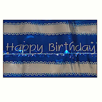 Happy Birthday Frill 7m x 76mm wide Royal Blue on Silver