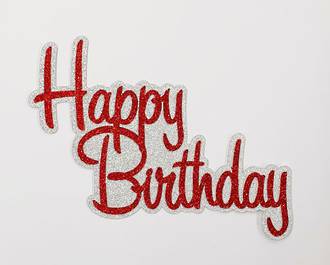 "Happy Birthday" Glitter Silver & Red Cake Topper (Card 130x110mm)