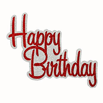 "Happy Birthday" Glitter Silver & Red Cake Topper (Card 130x110mm)