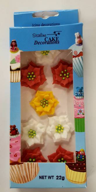 Poinsettia Flowers, Assorted, 30mm, 2D Icing (Retail Box of 8)