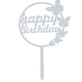 "Happy Birthday" Silver Butterfly Topper Pic (150x120mm)