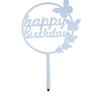 "Happy Birthday" Silver Butterfly Topper Pic (150x120mm)