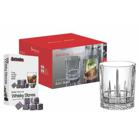 Perfect Serve Double Old Fashioned Glass Set 4 & Whisky Stone Bundle