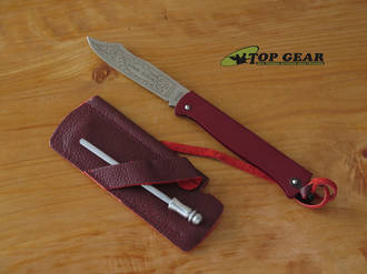 Douk-Douk Pocket Knife with Leather Sheath and Sharpening Steel, Red Handle - 815GMCOLR