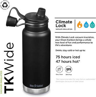 Klean Kanteen TKWide Vacuum-Insulated Stainless Steel Bottle with Chug Cap, 32 oz. - 946 ml, Black - K32TKWCG-BK-T