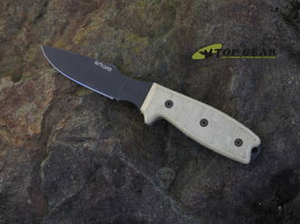 Ontario RAT-3 Caper Knife with Leather Sheath, 1095 High Carbon Steel, Tan Canvas Micarta Handle - 08663