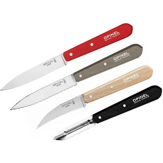 Opinel Kitchen Essential, 4-Piece Small Kitchen Knives, Loft, Stainless Steel, Red, Grey, Black and Natural Handle - OP011626