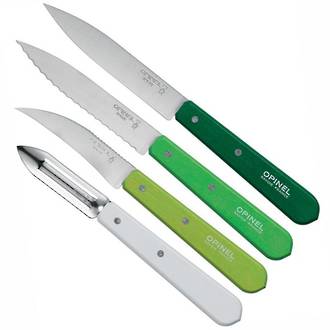 Opinel Kitchen Essential, 4-Piece Small Kitchen Knives, Stainless Steel, Green and White Beechwood Handle - OP017094