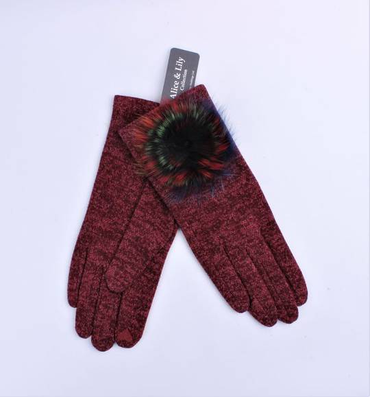 Winter ladies textured glove w fur rosette trim red Style; S/LK4617/RED