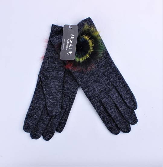 Winter ladies textured glove w fur rosette trim navy Style; S/LK4617/NAV