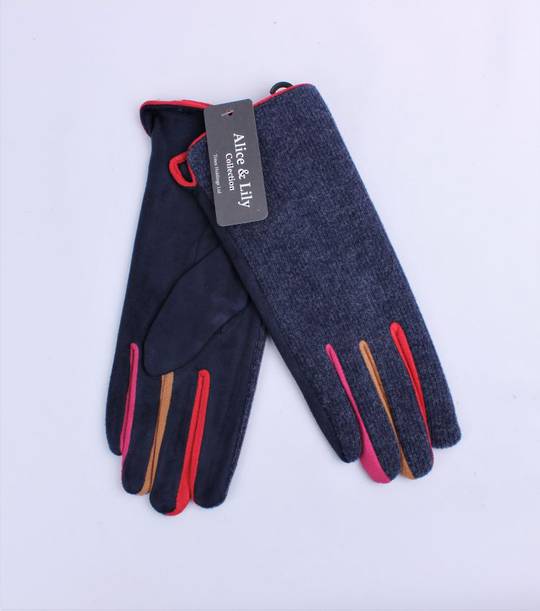 Winter ladies faux suede glove w colour cuff and finger trim blue Style; S/LK4764/BLU