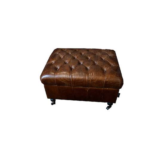 Aged Italian Leather Button Top Seat Storage Ottoman
