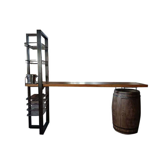 Vintage Industrial Barrel Bar with Oak Shelving and Iron Frame