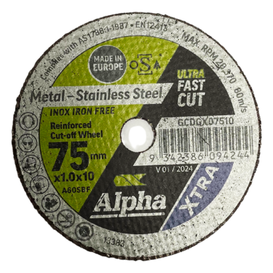 Alpha Xtra 75mm x 1.0 x 10 Stainless Steel Inox Cut off Wheel