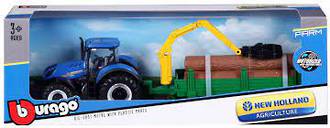 Bburago New Holland 10 Cm Long Friction Farm Tractor With Trailer and Tree Forwarder