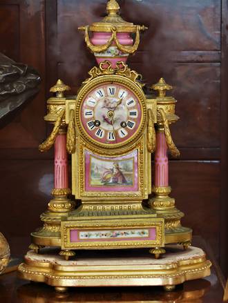 French Antique Clock Mounted in Hand-Painted Porcelain  & Gilded Ormolu Base