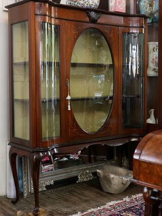 Serpentine English Display Cabinet with Fine Parquetry, bronze Mounts & Curved Glass $4250