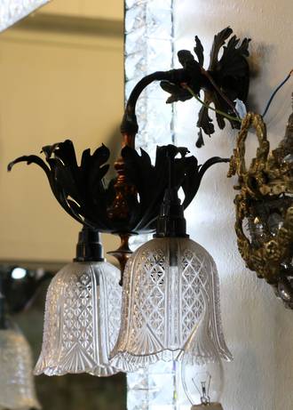 Pair of Double Wrought Iron Wall Sconces Cut crystal Glass Shades $1300 (2 pairs)