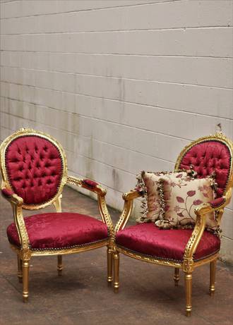 Pair of Antique French Gilt Armchairs - Burgundy Button-Backed Brocade $1900.00 pr