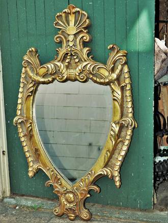 Large Heavily Gilded Rococo Revival Shield Mirror, Statement Piece $1650