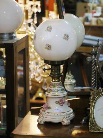 Victorian Electrified Oil Lamp - Fine Porcelain base with Applied Flowers