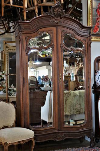 French Antique Double Mirror-Fronted Armoire