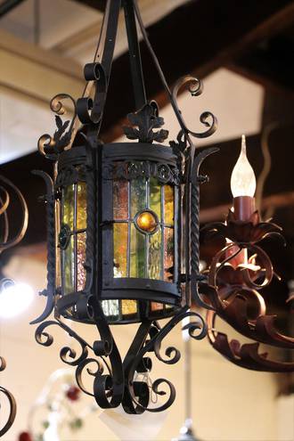 French Wrought Iron Stained Glass Lantern or Porch Light $995
