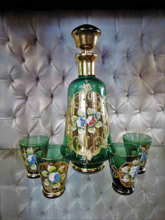 Venetian Glass Decanter Set, Hand Painted Enamel & Gold